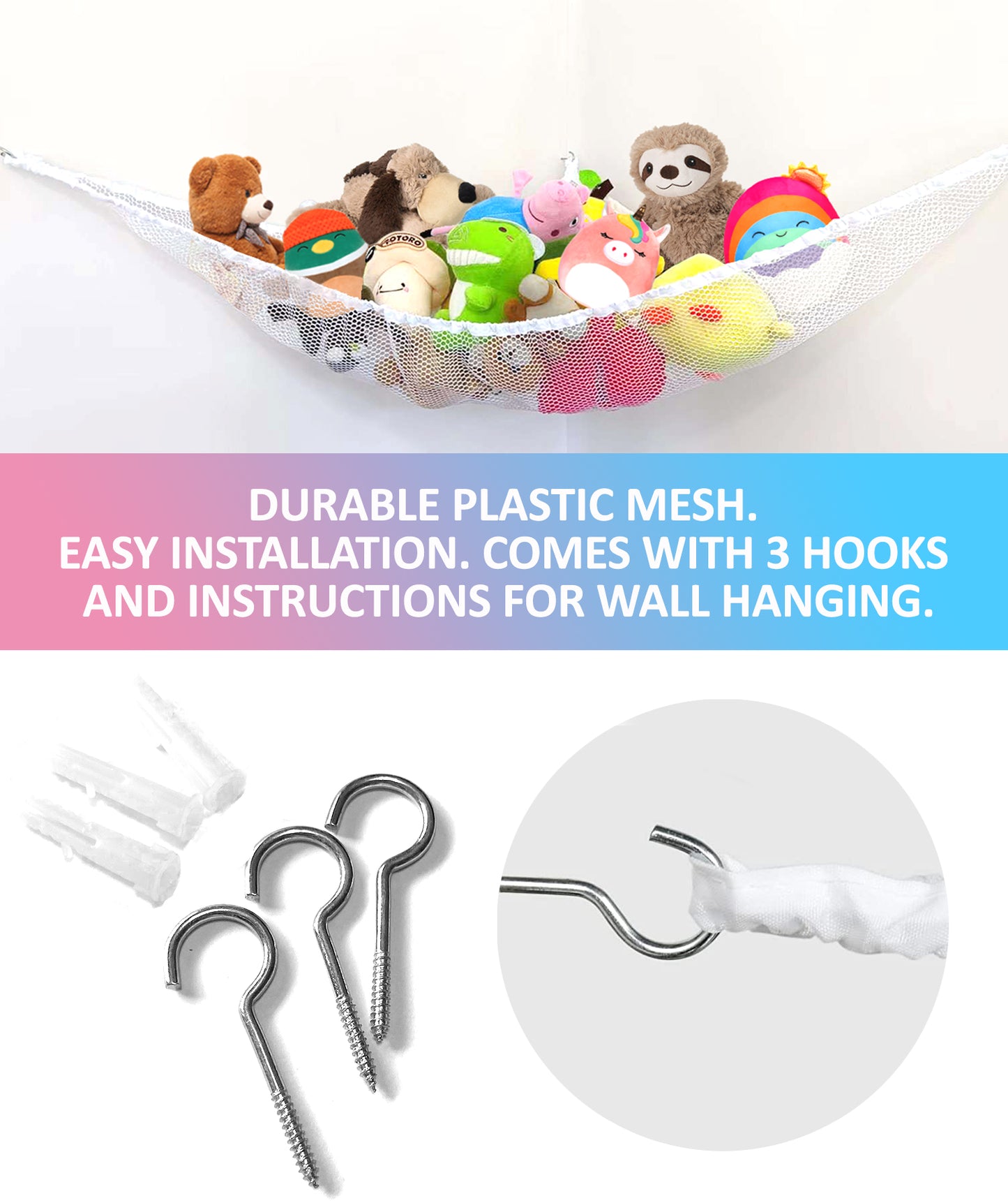 Stuffed Animals Hammock for Room Organization and Toy Storage 70 inch
